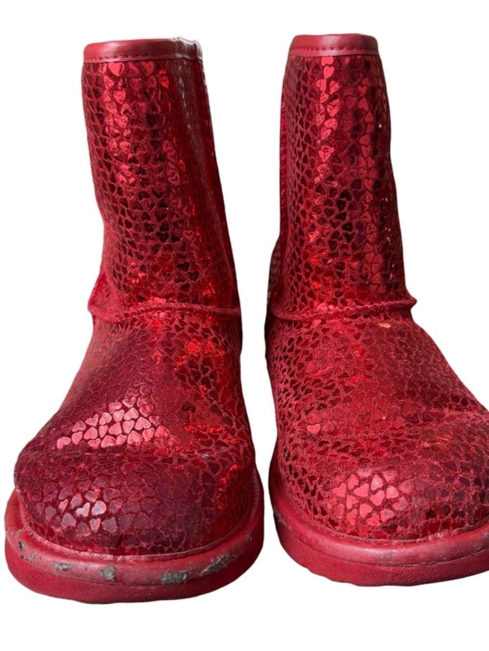 Ugg Youth Size 3 Classic II Gel Red Hearts Short Mid Boots Plush - Picture 6 of 16